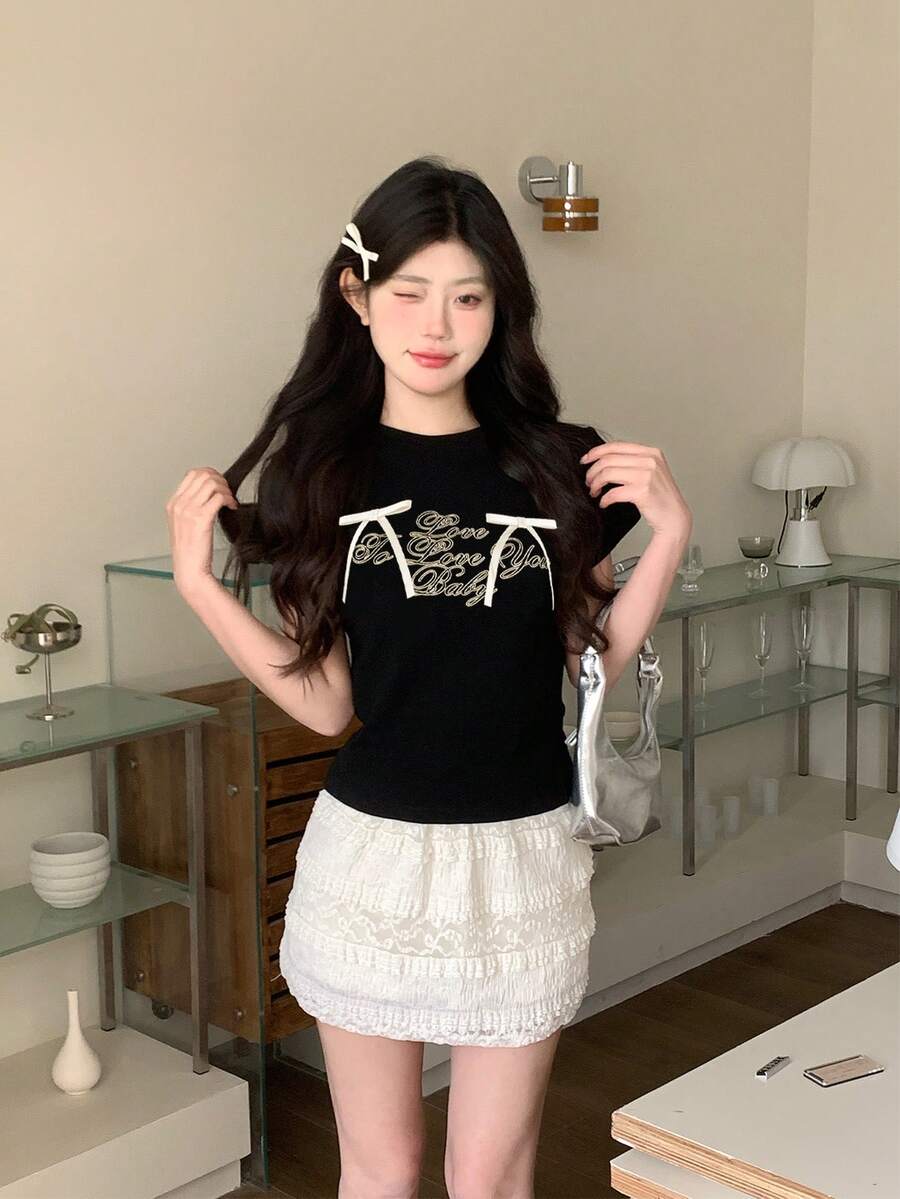 Letter Print Bowknot Decorated T-Shirt For Summer Casual Wear - Black - View 1