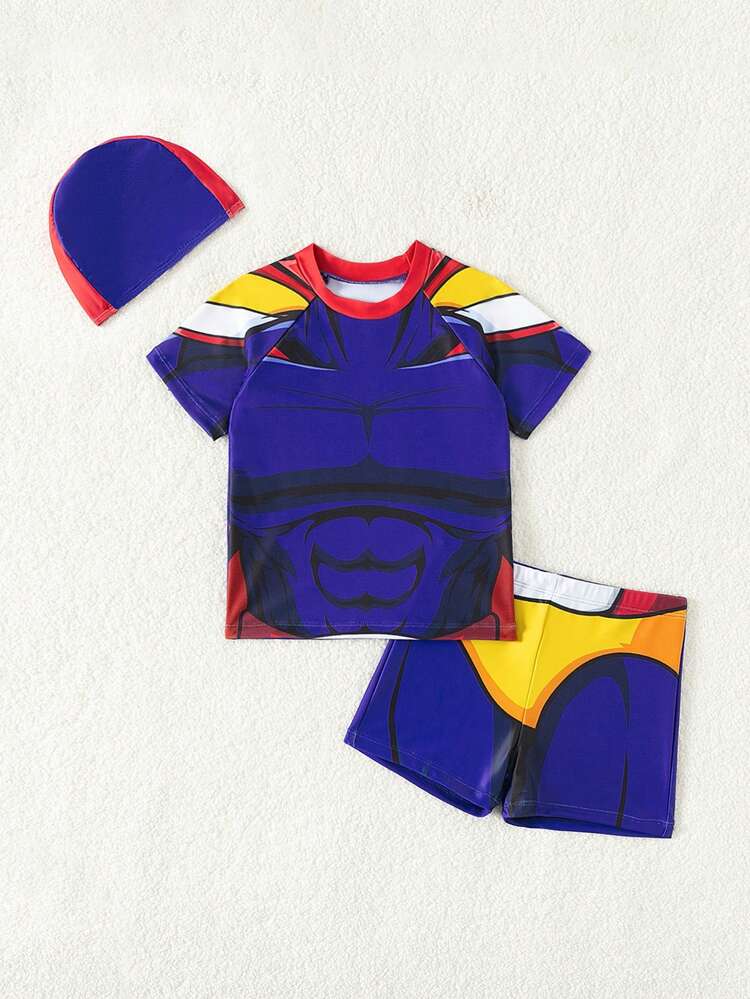 Young Boy Cartoon Printed Crew Neck Raglan Sleeve Top And Boxer Briefs Casual Swimming Costume Set