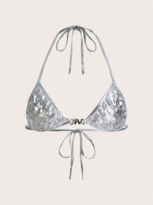 SHEIN ICON Y2K夏季春季派對金屬吊頸微短三角背心上衣 - 銀色 - 查看 1