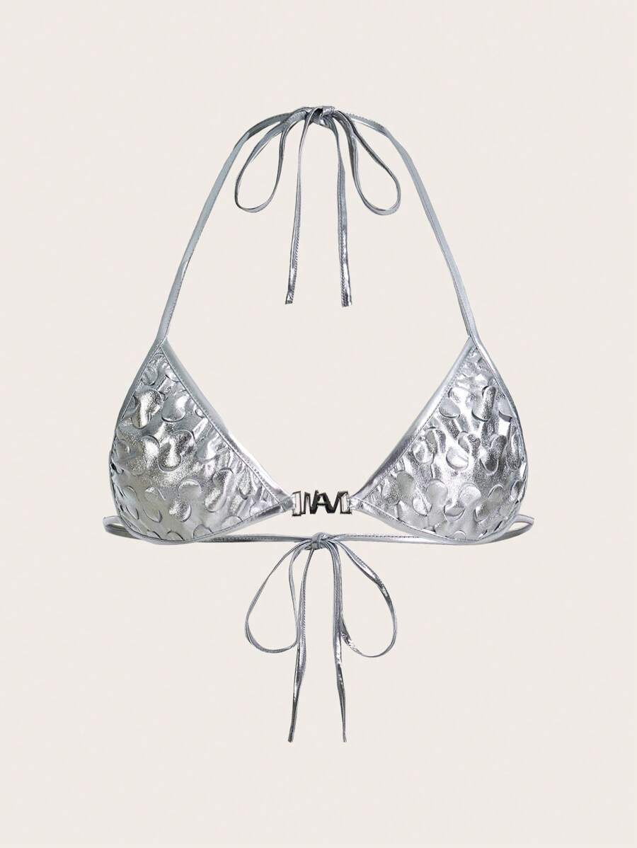 SHEIN ICON Y2K夏季春季派對金屬吊頸微短三角背心上衣 - 銀色 - 查看 1