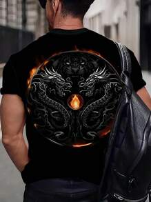 Plus Size Men's Dragon Print Short Sleeve T-Shirt, Summer