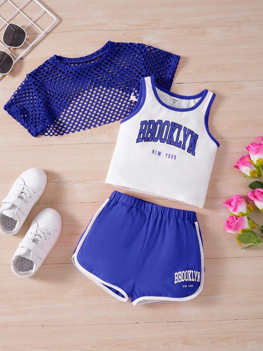 SHEIN Conjunto tejido de 3 piezas para chicas jóvenes para baloncesto que incluye una camiseta de malla de manga corta, una camiseta sin mangas y pantalones cortos sueltos - azul real - Ver 1