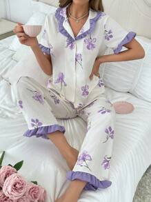 Contrast Color Flower Printed Lapel Collar Pajama Set With Ruffle Sleeve Top And Pants For Women - Lilac Purple - View 3
