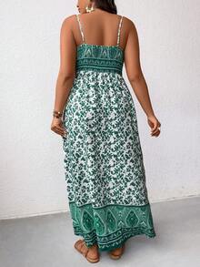 SHEIN Holidaya 大尺碼葉子印花肩帶連衣裙 - 綠色 - 查看 2