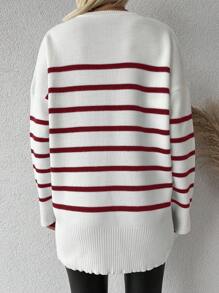 SHEIN Cottnline Women's Striped Drop Shoulder Knitted Sweater - Red - View 2