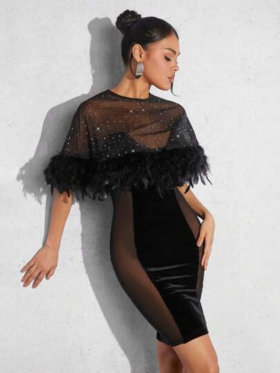 Hauture Fuzzy Decorated Sheer Mesh Panel Bodycon Dress