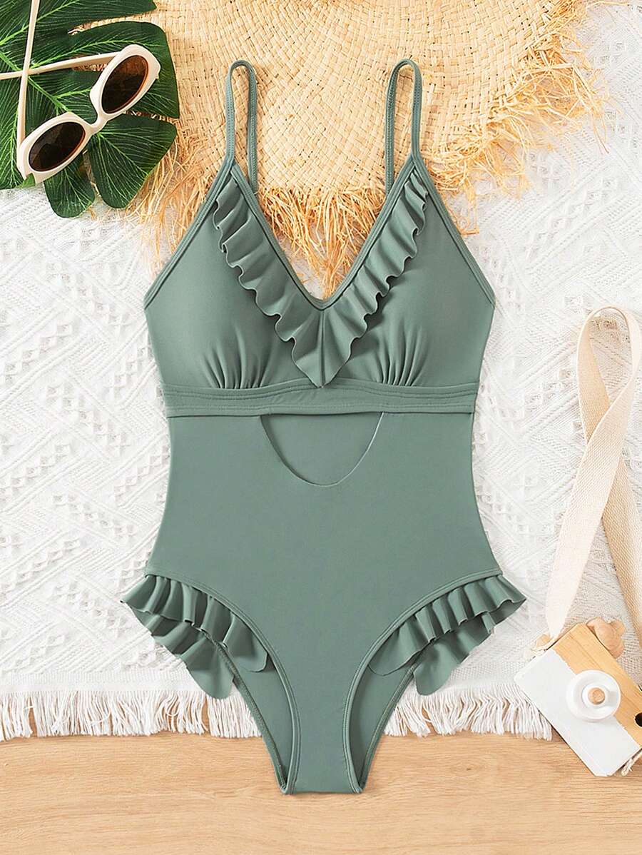 Tween Girl Ruffle Trim & Ruffle Hollow Out One-Piece Swimsuit, Summer Beachwear - Green - View 1