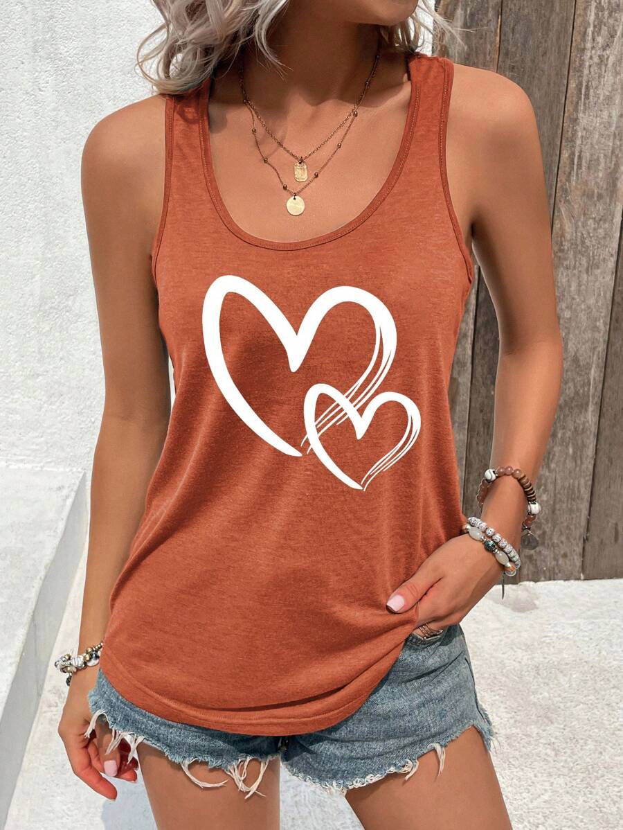 INAWLY Valentine Heart Pattern V-Neck Sleeveless Tank Top For Summer Leisure Time