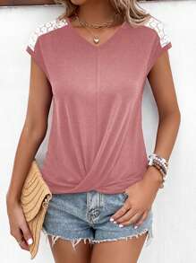 SHEIN LUNE Women Solid Color Simple Lace Decor Daily T-Shirt