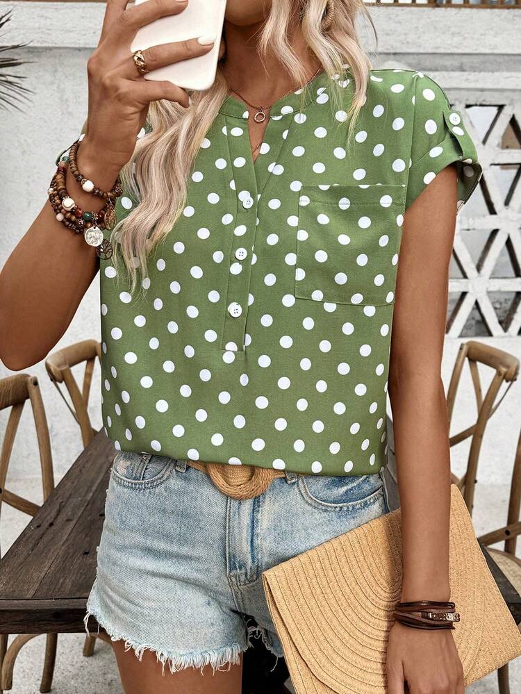 Women's Polka Dot Printed Batwing Sleeve Shirt With Notched Collar