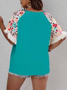 Breezaya 大码女式波西米亚风夏季假日拼布流苏袖豹纹印花宽松 T 恤图案猎豹印花 T 恤女式上衣 - 綠色 - 查看 2