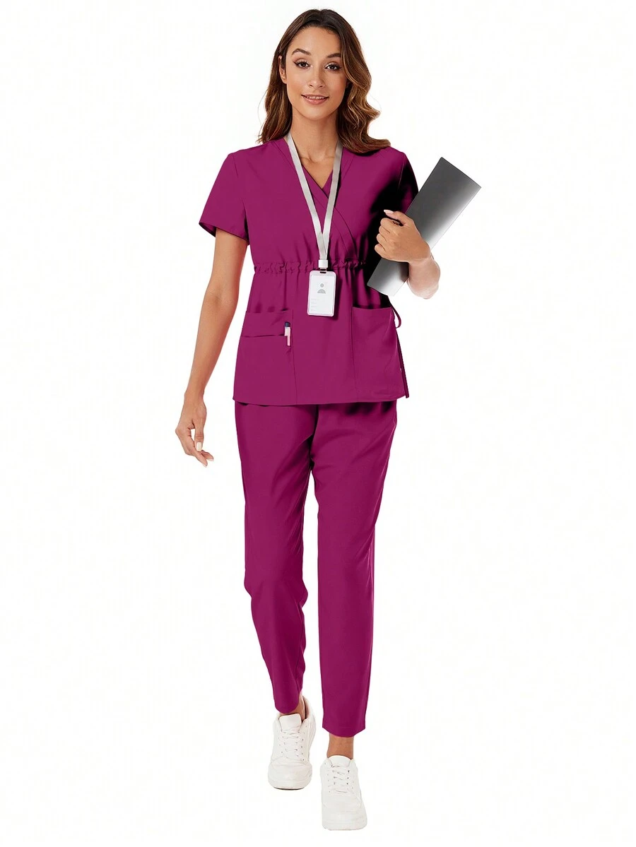 Drawstring Short Sleeve Top And Elastic Waist Pants Scrub Uniform Set Spring - Red Violet - View 1