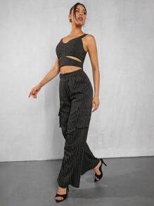 Hauture Pantalones De Carga Con Bolsillos Laterales Con Solapa Y Estampado De Rayas - Blanco y Negro - Ver 4