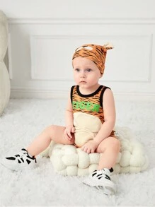 SHEIN Baby Boy Cute And Playful Jumpsuit & Hat With Soft And Comfortable Tiger Cub Costume Design, Ideal For Performances, Cosplay And Fun Role Play - Multicolor - View 4