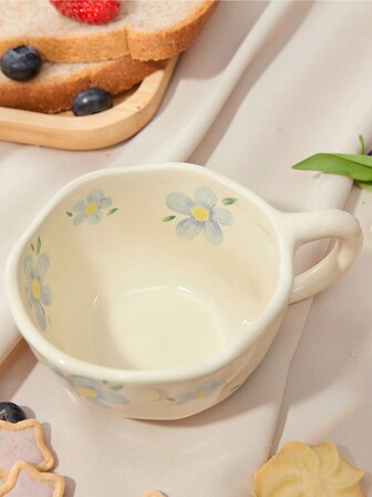 SHEIN 1PC Cream Hand Held Asymmetrical Ceramic Mug, Breakfast Cup, Coffee Cup Christmas For Holiday Gift Giving