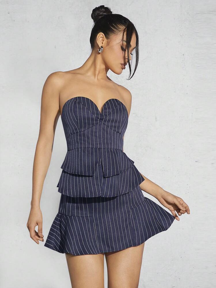 Striped Print Tube Top & Ruffle Hem Skirt