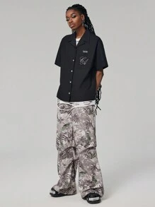 SHEIN EZwear 時尚街頭風格字母標誌刺繡襯衫，適合春夏裝 - 黑色 - 查看 4