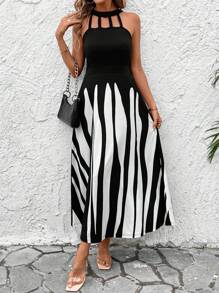 SHEIN Clasi Women Striped And Floral Print Elegant Dress With Halter Neck - Black and White - View 4