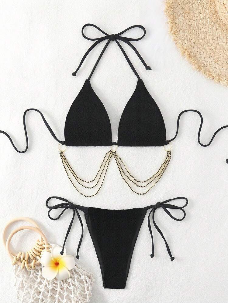 Women Summer Halter Back Tie Metallic Chain Decor Top And Side Tie Bottom Bikini Set, Suitable For Beach Pool Wearing