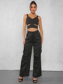 Hauture Pantalones De Carga Con Bolsillos Laterales Con Solapa Y Estampado De Rayas - Blanco y Negro - Ver 6