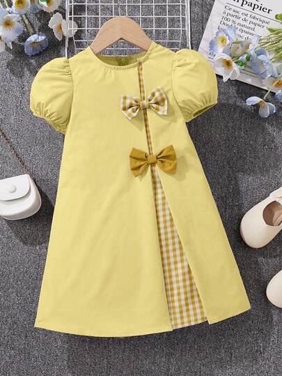 Vestido holgado para niña joven con cuello redondo, manga globo y diseño de bloques de color y parches