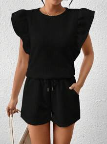 2pcs Women Summer Casual Solid Color Textured Ruffle Trim Round Neck Top And Shorts Set - Black - View 1