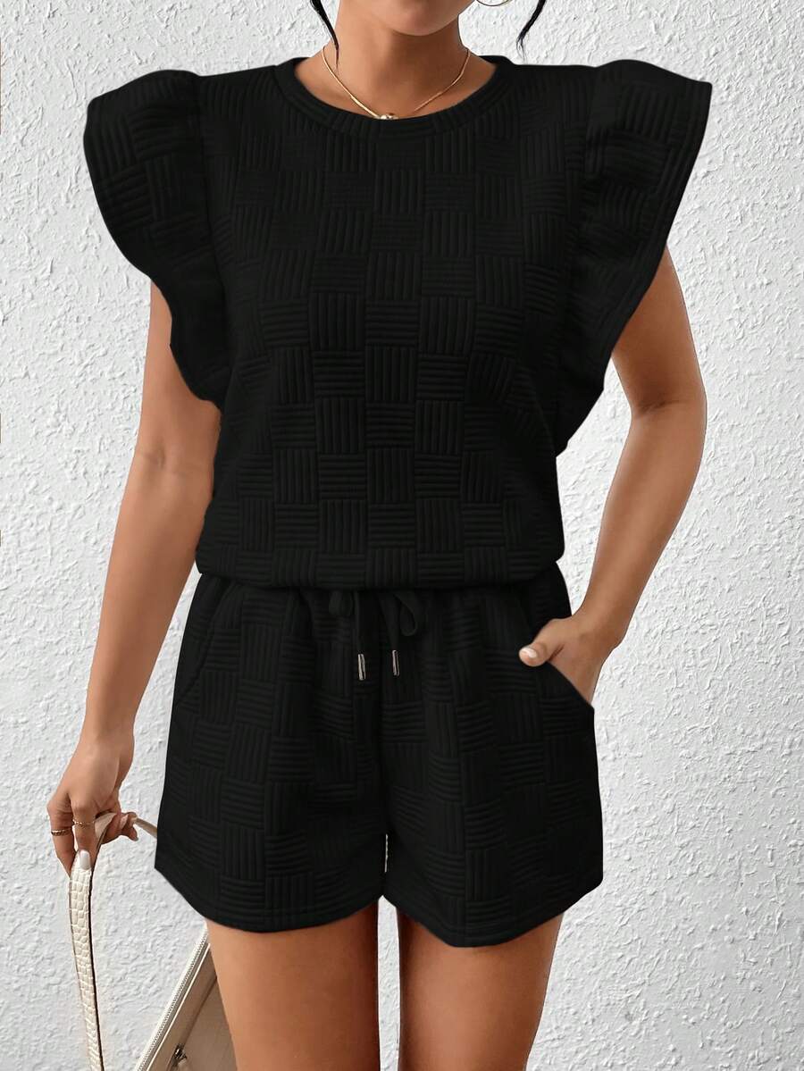 2pcs Women Summer Casual Solid Color Textured Ruffle Trim Round Neck Top And Shorts Set - Black - View 1