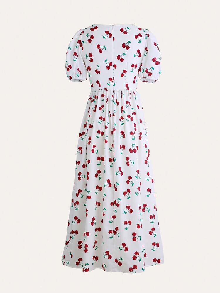 Teen Girl Cherry Print Ruched Bust Puff Sleeve Bow Split Dress Mommy And Me Matching Outfits(2 Pieces Are Sold Separately)