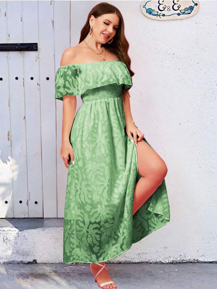 Plus Size Women's Summer Holiday Off Shoulder Ruffle Trimmed Dress With Shirred Waist And Side Slit