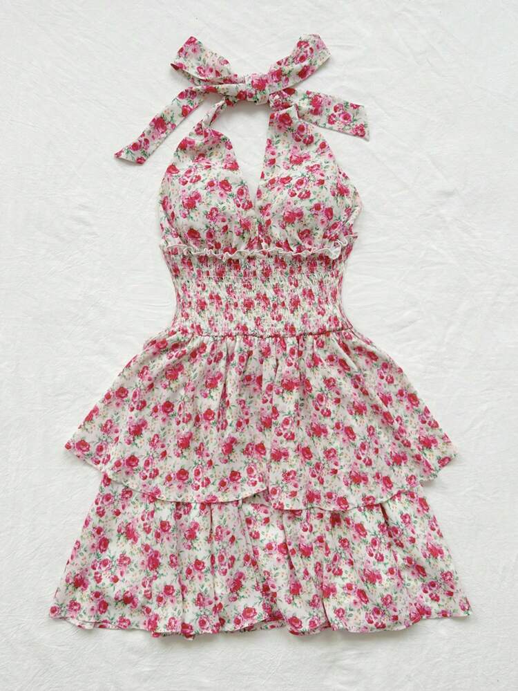 WYWH Holiday Women Colorful Floral Print Twist Knot Halter Neck Back Bow Tie Cake Short Dress With Double Layers And Frilly Hem For Romantic Wedding Season