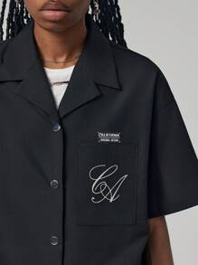 SHEIN EZwear 時尚街頭風格字母標誌刺繡襯衫，適合春夏裝 - 黑色 - 查看 2