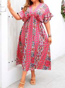 SHEIN CURVE+ Plus Size Nữ Kỳ Nghỉ Hè Phong Cách In Hoa Cánh Dơi Ngắn Tay Áo Thường Ngày - Nhiều màu - Xem 3