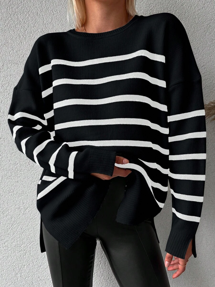 EURMUSE Women's Striped Drop Shoulder Loose Sweater - Black and White - View 1