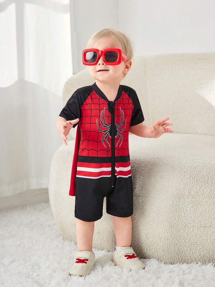 Baby Boy Casual Spider Pattern Printed Cape Romper, Fun Role-Playing Outfit, Spring/Summer