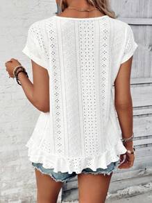 SHEIN LUNE Áo nữ cổ tròn họa tiết hoa, viền bèo nhún, thích hợp mặc hàng ngày vào mùa xuân và mùa hè. - trắng - Xem 2