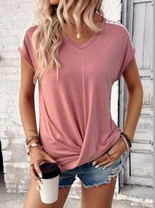 SHEIN LUNE Women Solid Color Simple Lace Decor Daily T-Shirt