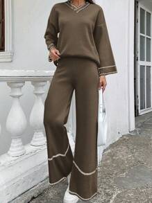 EURMUSE Conjunto De Duas Peças Tricô Suéter De Ombro Caído Com Decote Em V E Calça De Tricô Com Borda Listrada - Castanho - Ver 4