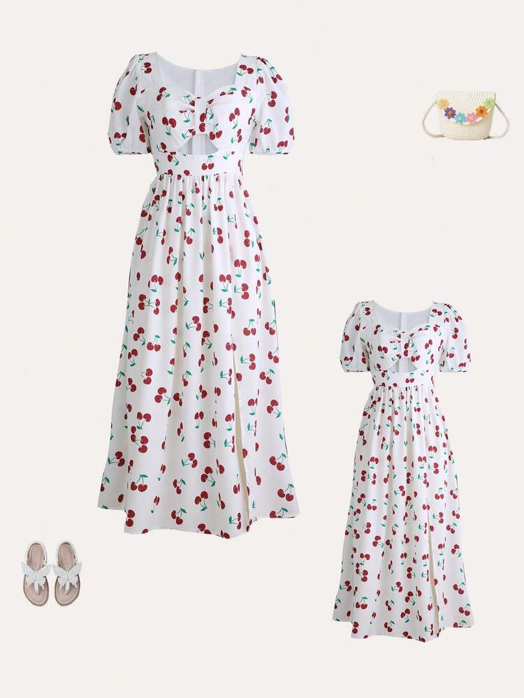 Teen Girl Cherry Print Ruched Bust Puff Sleeve Bow Split Dress Mommy And Me Matching Outfits(2 Pieces Are Sold Separately)