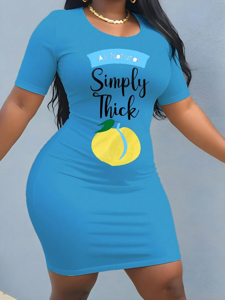 Flirla 大尺碼女性時尚檸檬印花短袖緊身連衣裙 - 藍色 - 查看 1