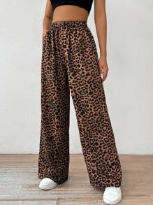 SHEIN EZwear 女式彈性腰寬腿豹紋寬鬆長褲 - 彩色 - 查看 5