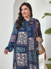 Mulvari Ensemble deux pièces Grande Taille Chemisier à manches longues imprimé patchwork avec ourlet à franges et jupe longue pour vacances et loisirs