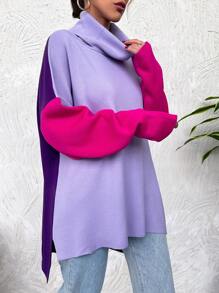 SHEIN Cottnline 女式連帽領、下垂膀位、對比度毛衣 - 紫色 - 查看 3