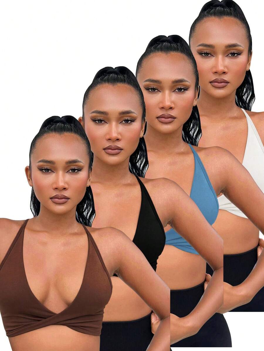 Easithlete 4pcs Solid Criss Cross Back Sports Bra - Multicolor - View 1