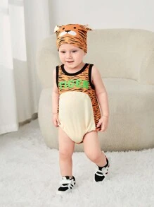 SHEIN Baby Boy Cute And Playful Jumpsuit & Hat With Soft And Comfortable Tiger Cub Costume Design, Ideal For Performances, Cosplay And Fun Role Play - Multicolor - View 6