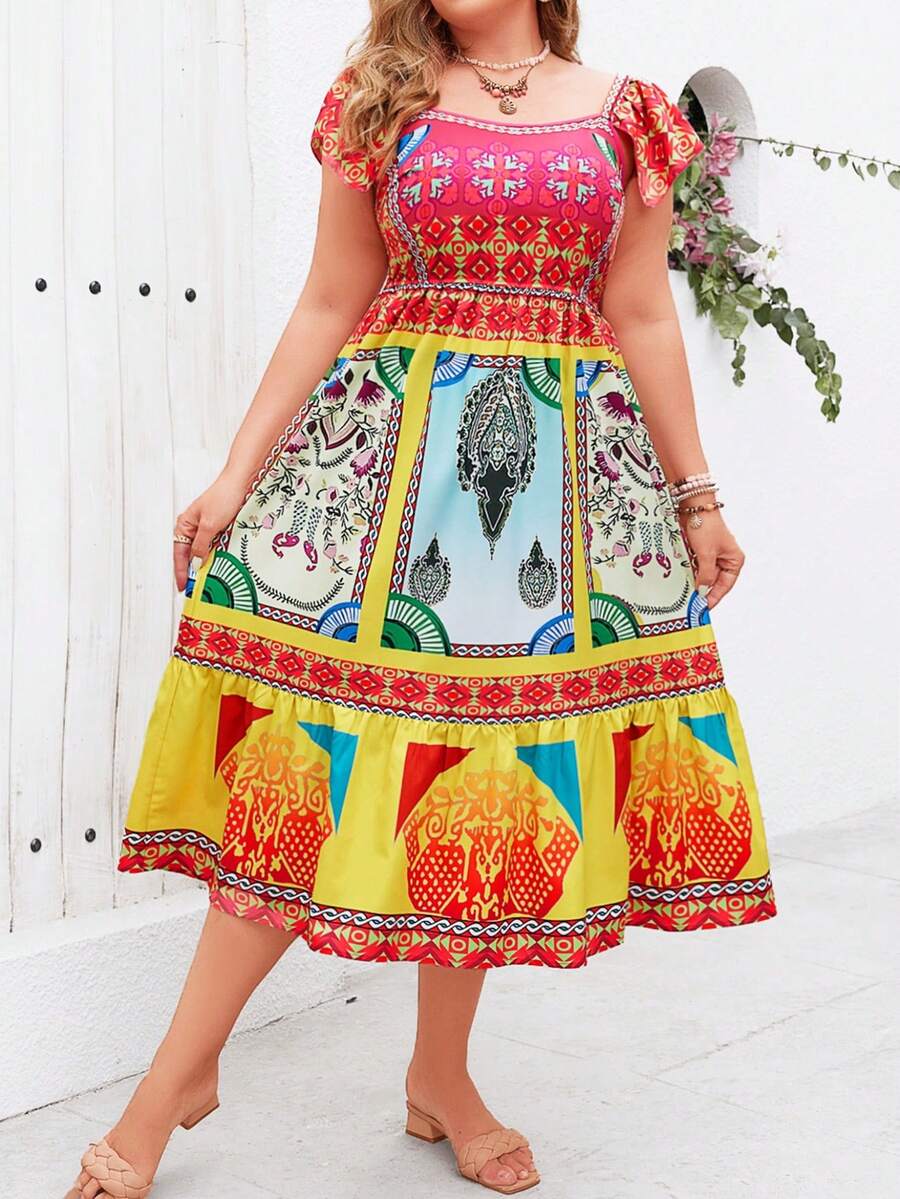 SHEIN Holidaya Phụ Nữ Plus Size Kỳ Nghỉ Hè Phong Cách In Hoa Cổ Vuông Xù Tay Dài Đầm Thời Trang In Hoa Ngẫu Nhiên - Nhiều màu - Xem 1