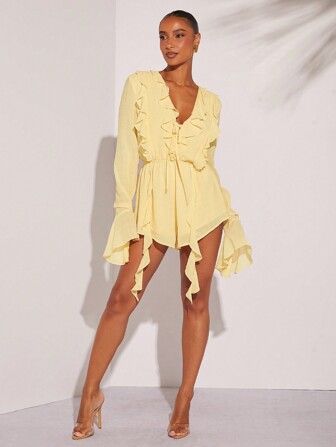 L'Amorae Elegant Solid Ruffle Draped Flare Sleeve Romper