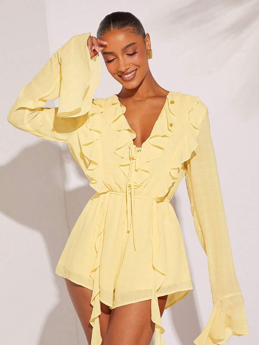 L'Amorae Elegant Solid Ruffle Draped Flare Sleeve Romper