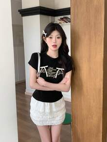 Letter Print Bowknot Decorated T-Shirt For Summer Casual Wear - Black - View 3