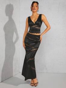 SHEIN Unity Lace Trim Panel Top & Skirt Two Pieces Set - Black - View 4