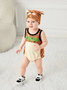 SHEIN Baby Boy Cute And Playful Jumpsuit & Hat With Soft And Comfortable Tiger Cub Costume Design, Ideal For Performances, Cosplay And Fun Role Play - Multicolor - View 1